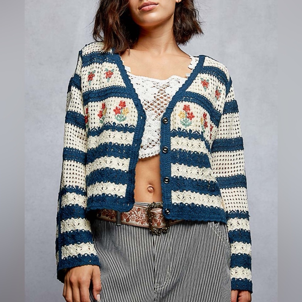 POL Blue and Cream Floral Knit Cardigan one size best for small / medium